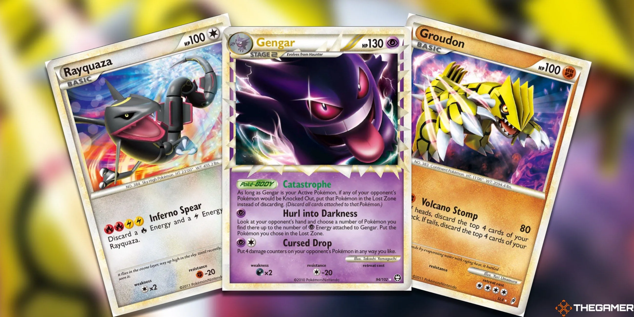 Ba lá bài Pokemon TCG hiếm từ kỷ nguyên HeartGold & SoulSilver: Rayquaza Shiny, Gengar Prime và Groudon Shiny biểu tượng cho giá trị sưu tầm