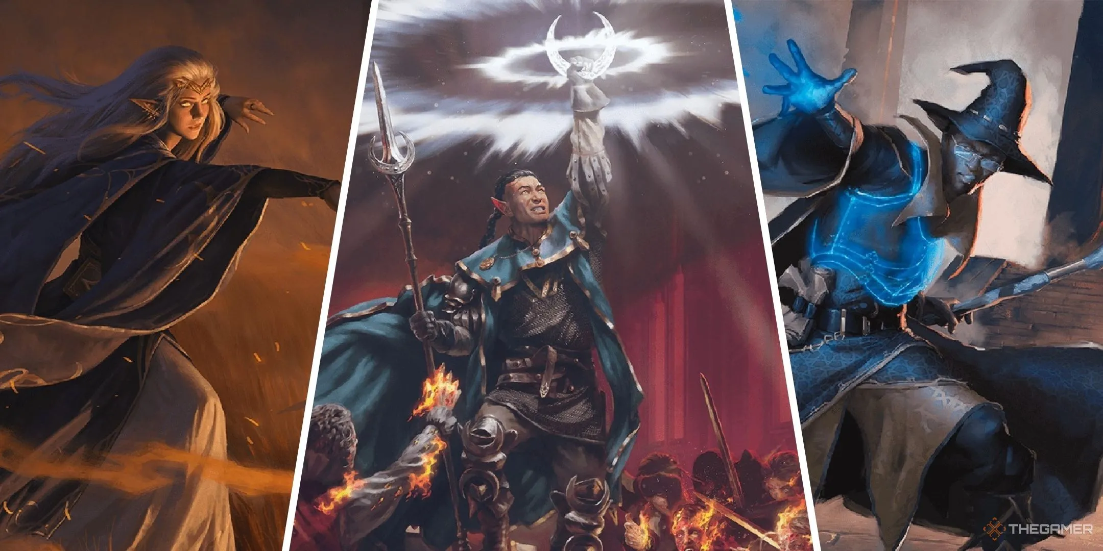 Ba nhân vật Dungeons & Dragons, gồm một yêu tinh, một tu sĩ và một con người, đang thi triển phép thuật rực rỡ.