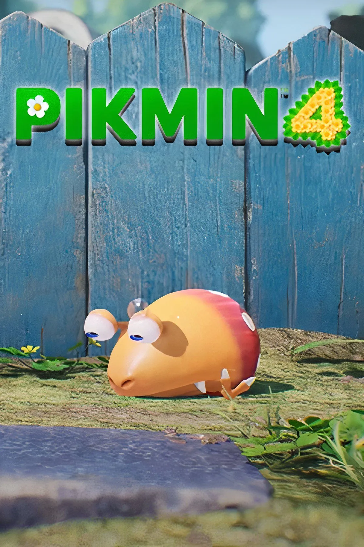Bìa game Pikmin 4, với nhân vật chính và các Pikmin cùng Oatchi.