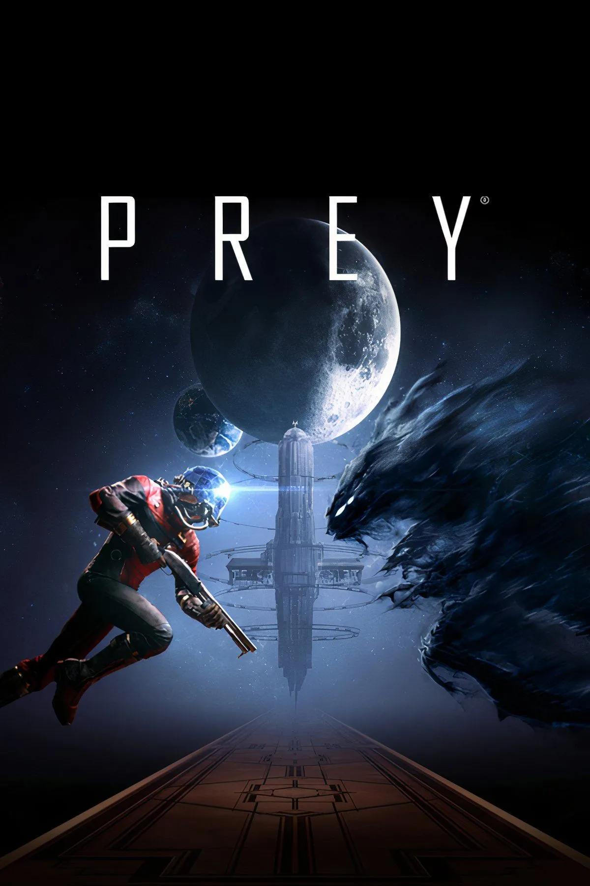 Bìa game Prey với hình ảnh trạm không gian Talos I bị xâm chiếm bởi quái vật Mimic, nơi ranh giới thực tại bị xóa nhòa.