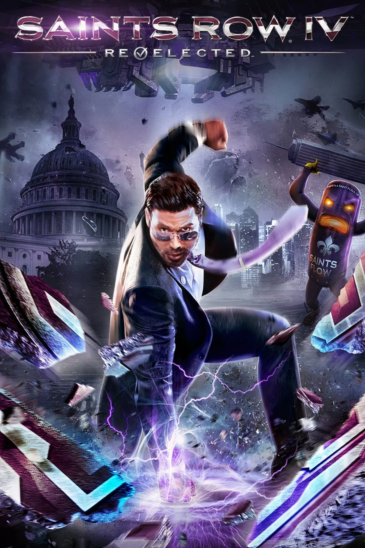 Bìa game Saints Row 4 với nhân vật chính sử dụng siêu năng lực trong một thế giới mô phỏng hỗn loạn và hài hước.