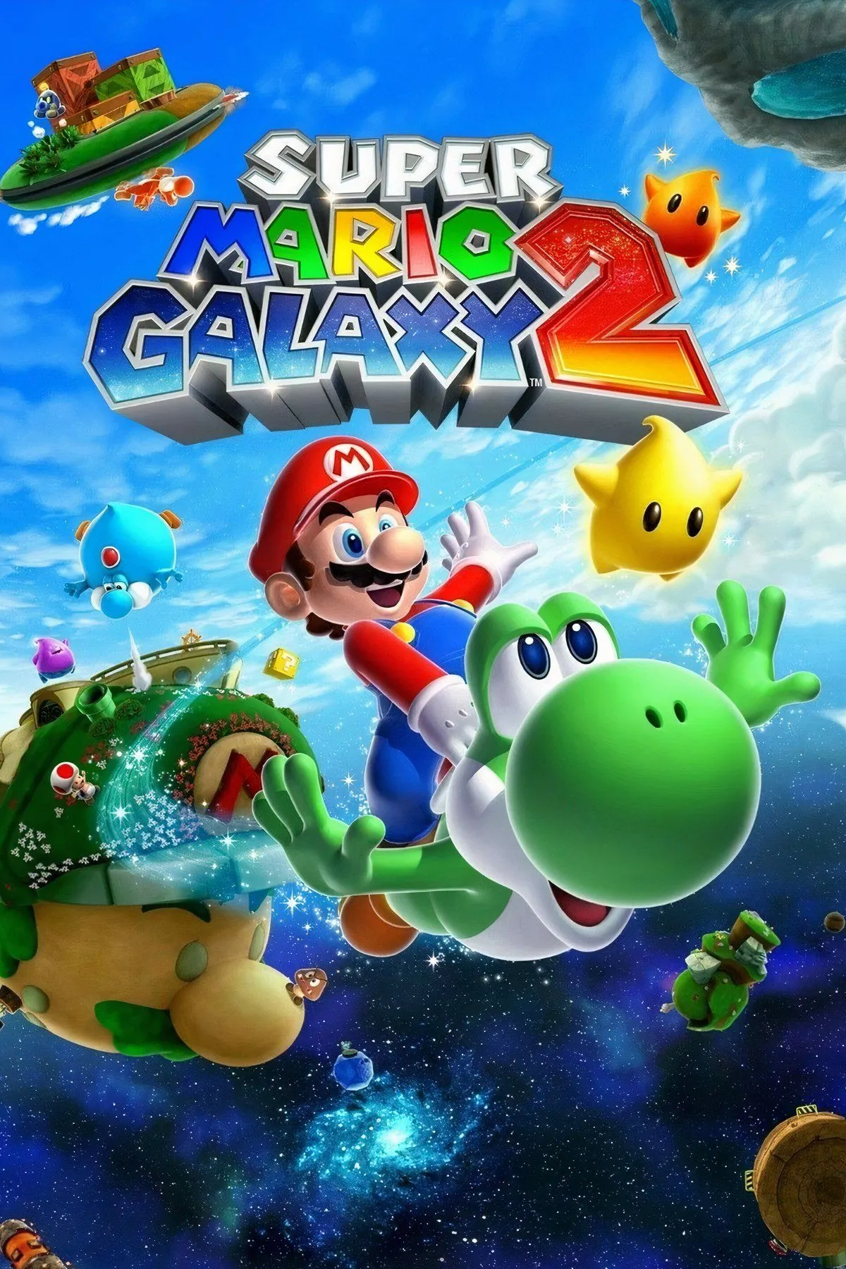 Bìa game Super Mario Galaxy 2, giới thiệu Mario và Yoshi trong không gian.