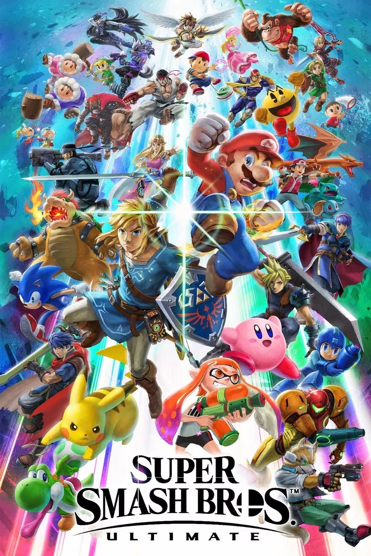 Bìa game Super Smash Bros Ultimate, thể hiện dàn nhân vật đa dạng và hoành tráng.