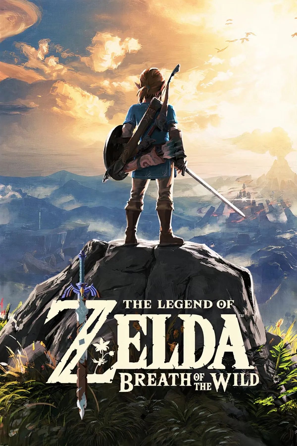 Bìa game The Legend Of Zelda: Breath Of The Wild, với Link đứng trên đỉnh núi ngắm nhìn Hyrule.