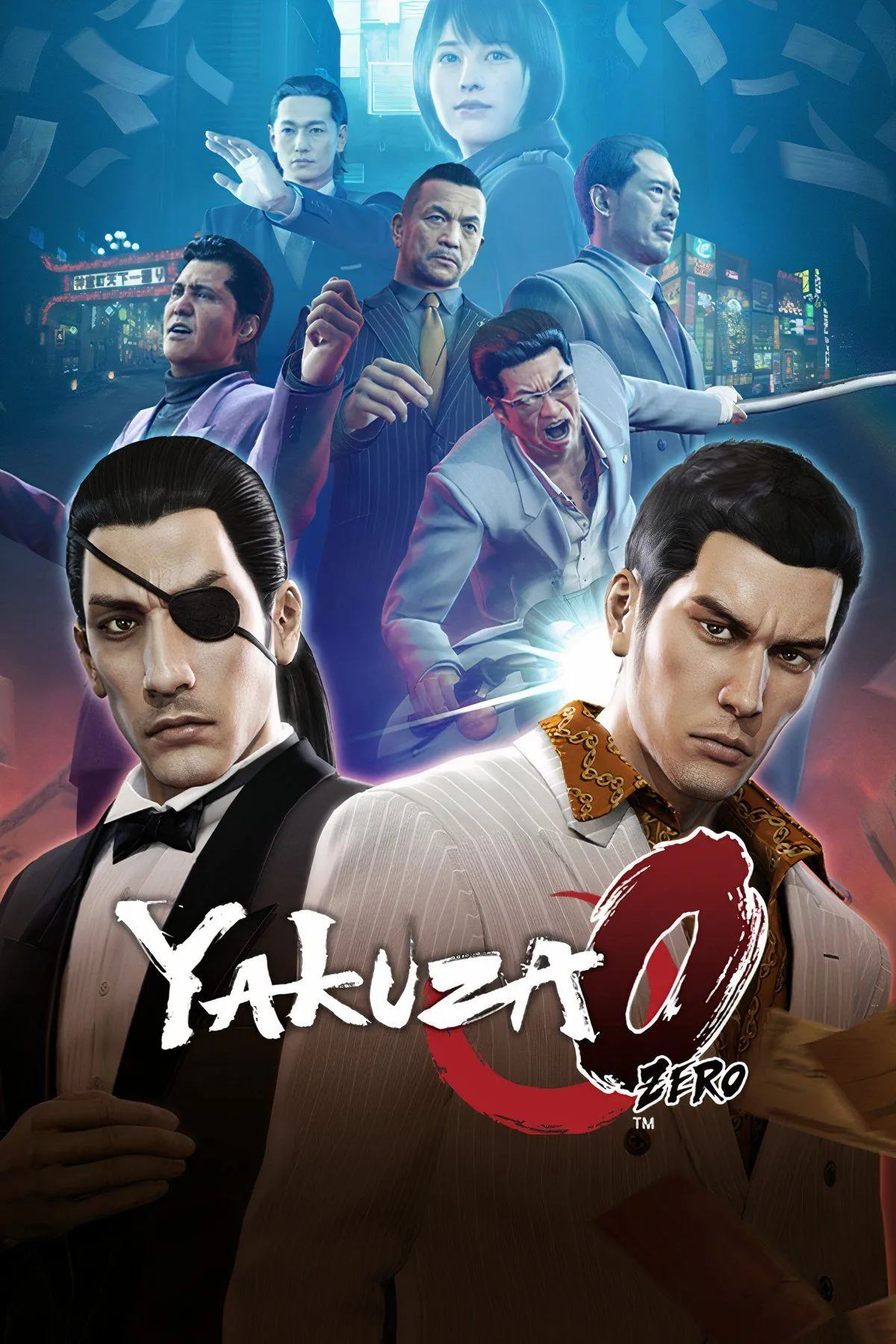 Bìa game Yakuza 0, giới thiệu Kiryu và Majima trong thế giới ngầm Nhật Bản thập niên 80