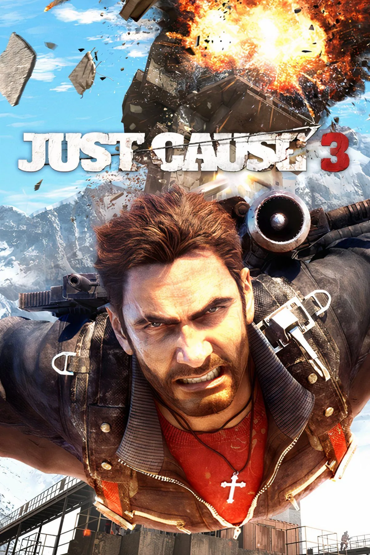 Bìa nghệ thuật game Just Cause 3, thể hiện nhân vật chính Rico Rodriguez trong bối cảnh hành động bùng nổ