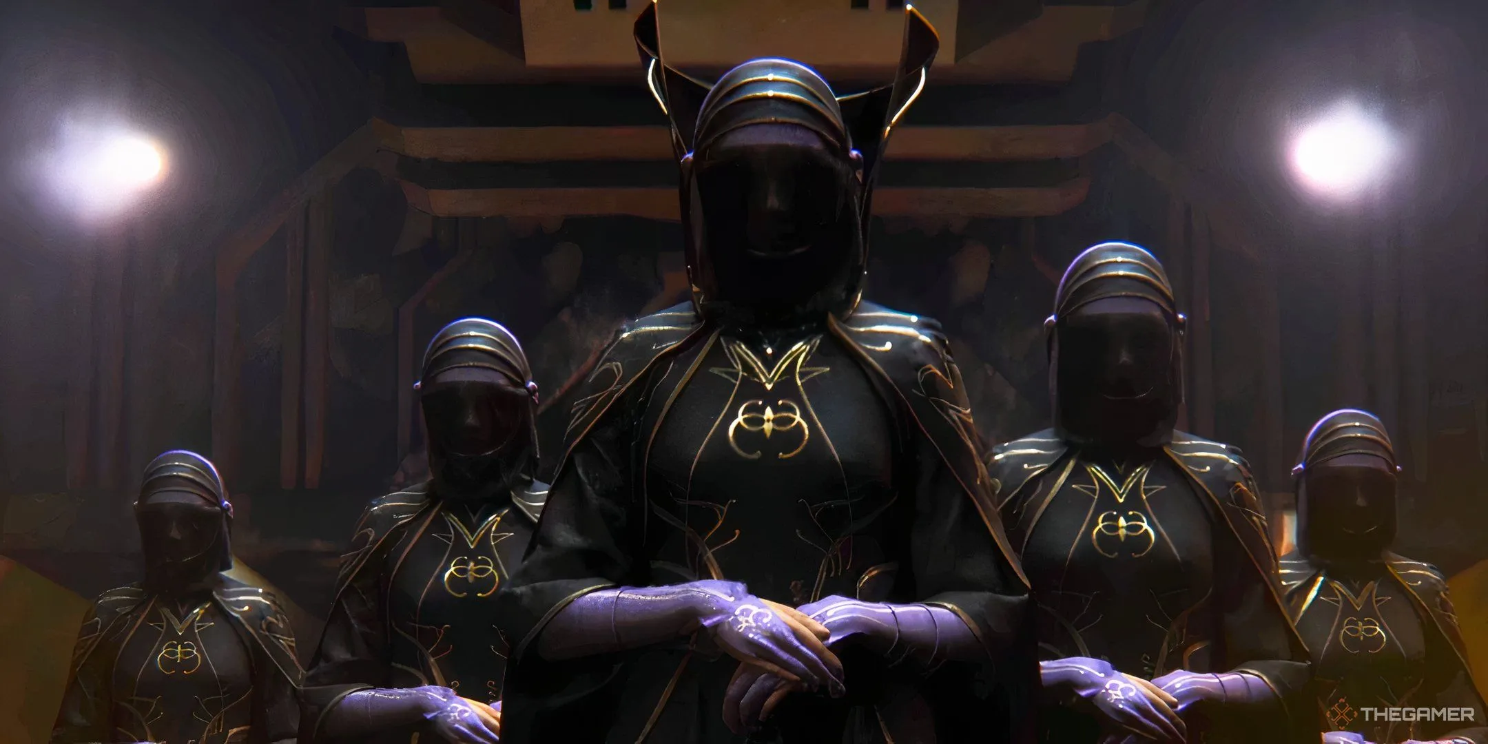 Các nữ tu Bene Gesserit trong trang phục truyền thống với mạng che mặt đen trong Dune: Awakening.