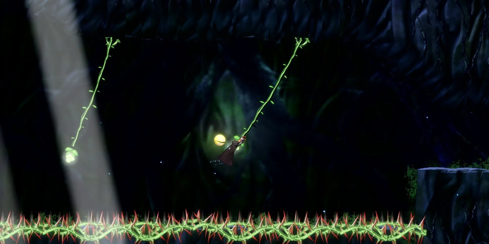 Cảnh gameplay Shadow Labyrinth cho thấy yếu tố đi cảnh và vượt chướng ngại vật đặc trưng của thể loại Metroidvania