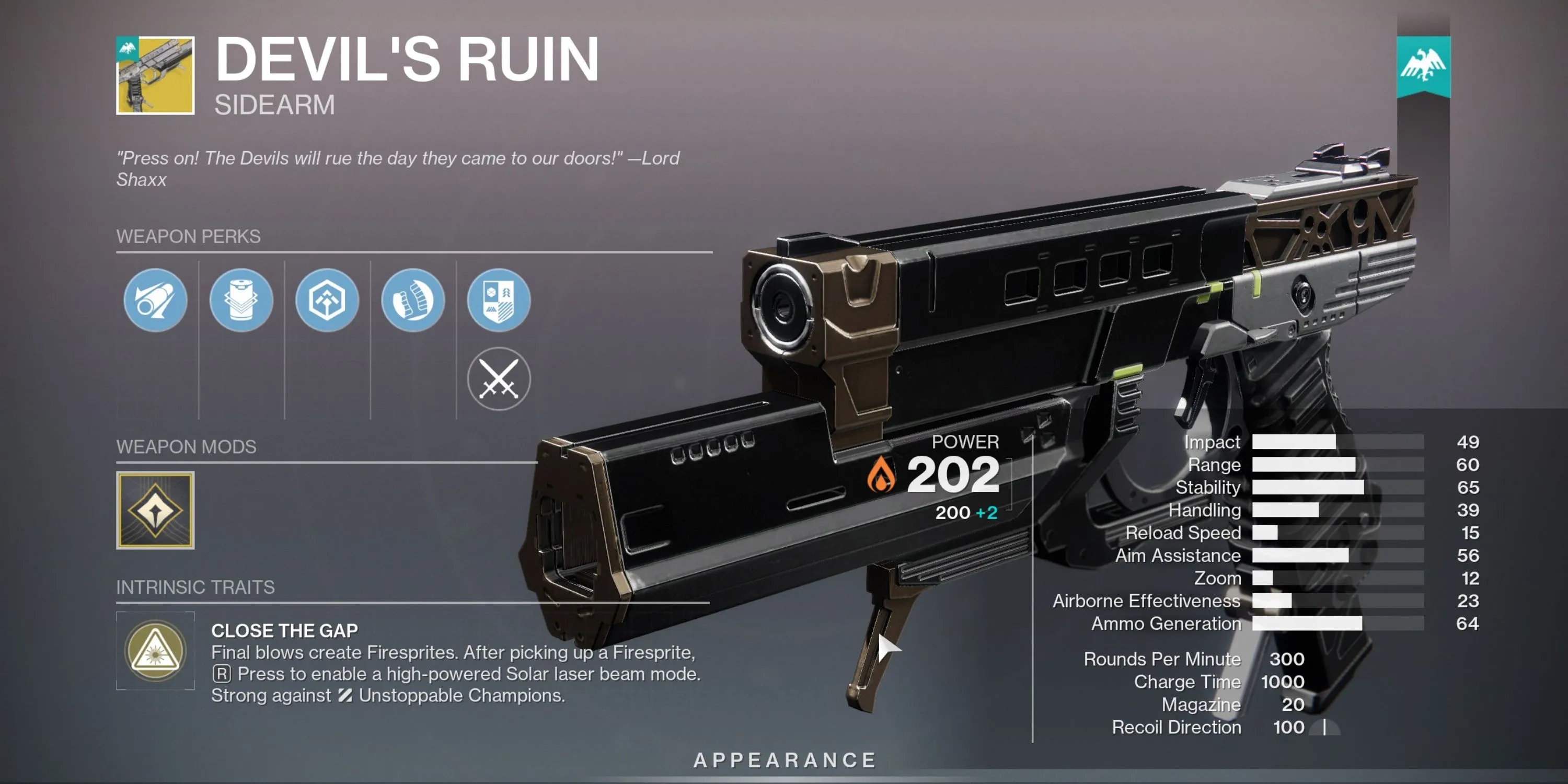 Chỉ số và thông tin chi tiết của Exotic Sidearm Devil's Ruin trong Destiny 2