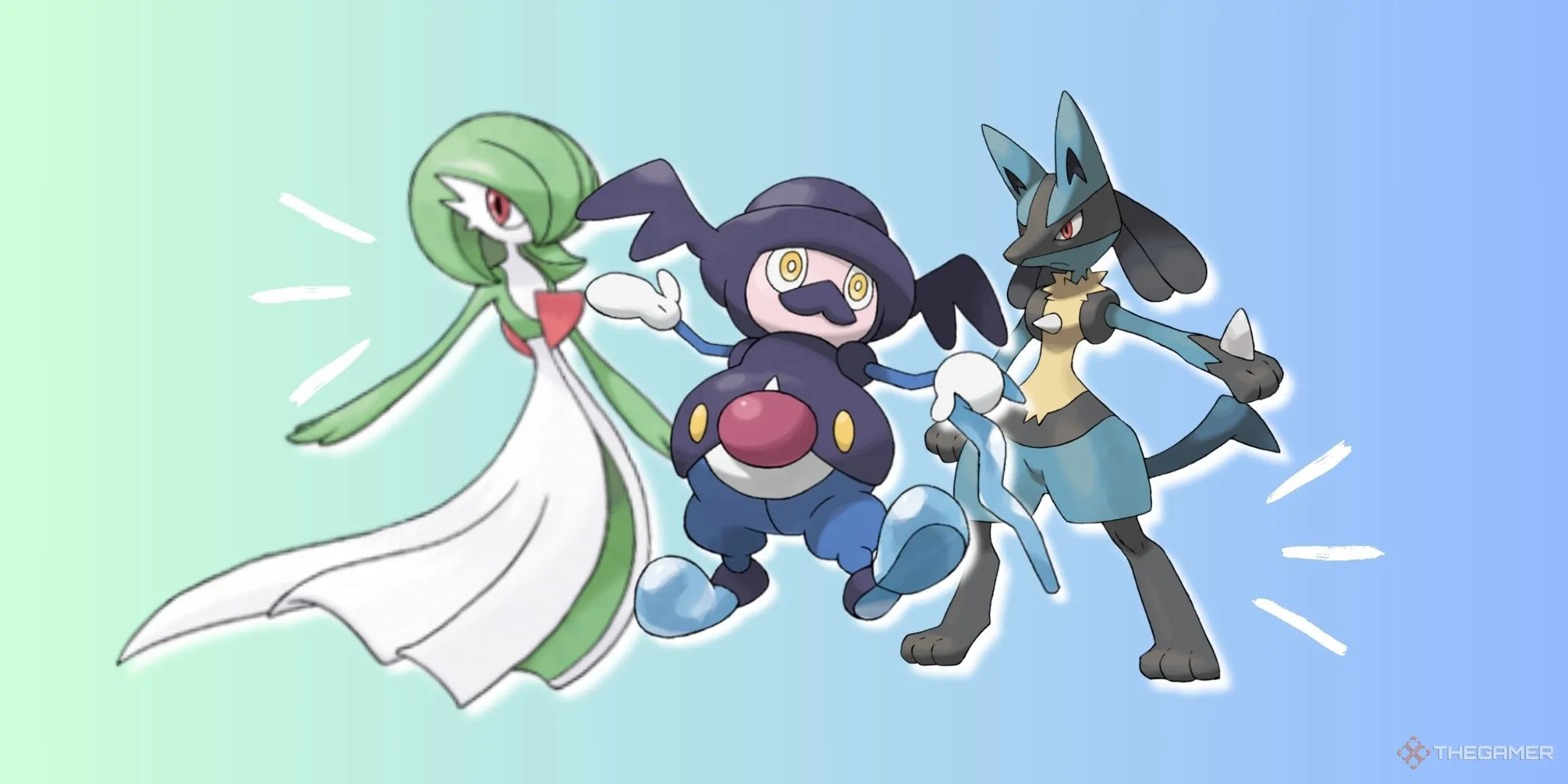 Gardevoir, Mr. Rime và Lucario trên nền xanh lam và xanh lục chuyển màu.