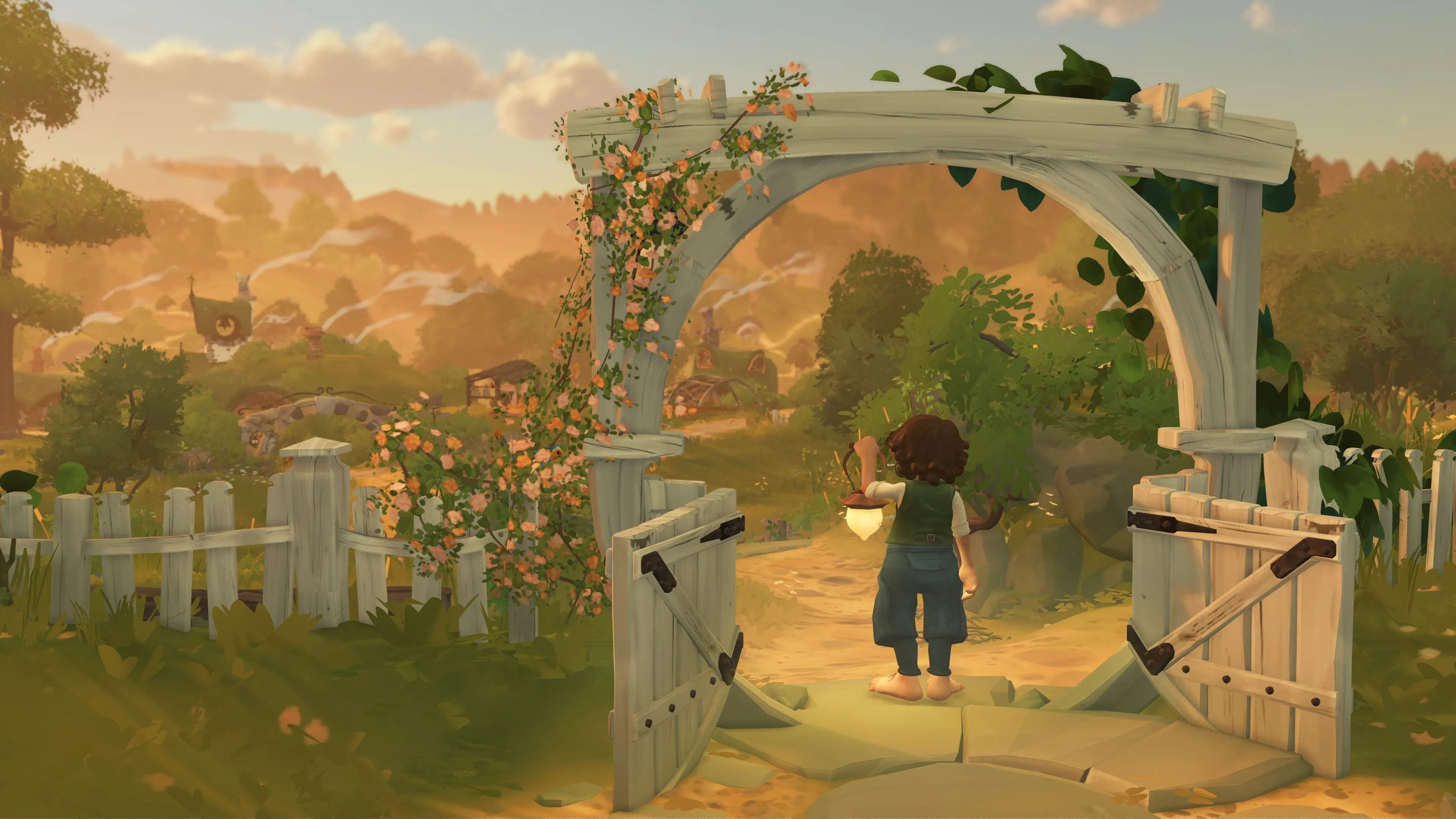 Góc nhìn cận cảnh từ Tales of the Shire, thể hiện phong cách đồ họa và một ngôi nhà Hobbit ấm cúng, minh họa không gian sinh hoạt và tương tác trong game.