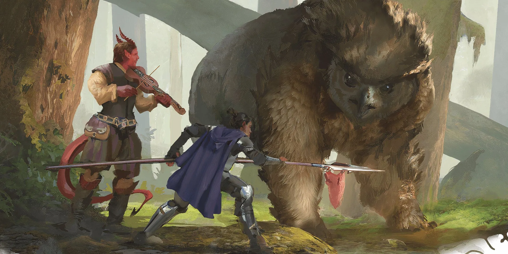 Hai nhà thám hiểm đang đàm phán với một Owlbear trong Dungeons & Dragons.