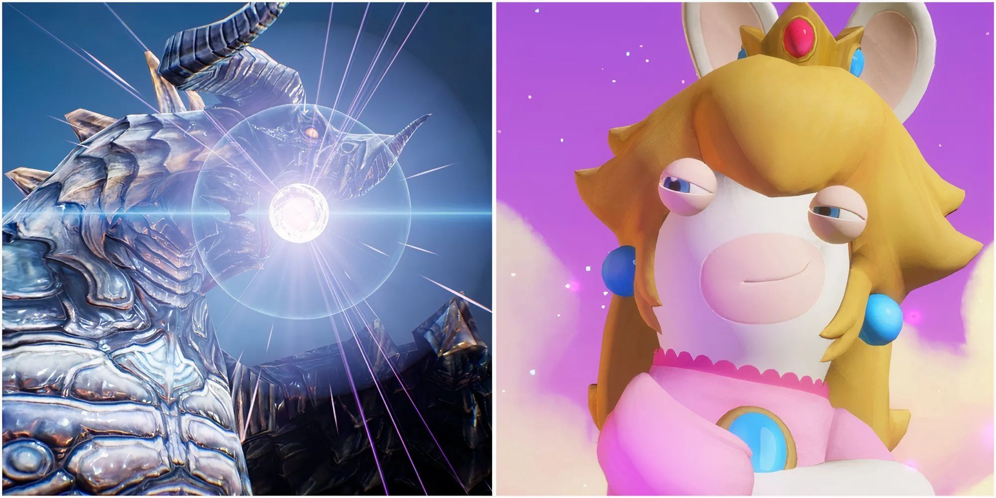 Hai nhân vật đặc trưng từ các tựa game RPG chiến thuật khác: Bahamut trong The Diofield Chronicle và Peach Rabbid trong Mario + Rabbids Sparks Of Hope, thể hiện sự đa dạng về phong cách.