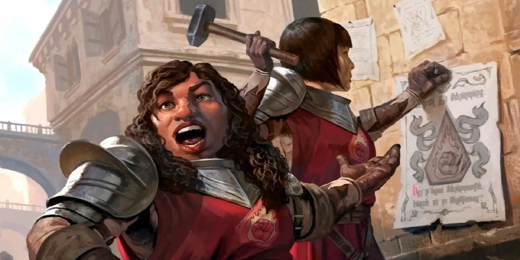 Hai thành viên Flaming Fist dán áp phích tuyển mộ trong thế giới Dungeons &amp; Dragons.