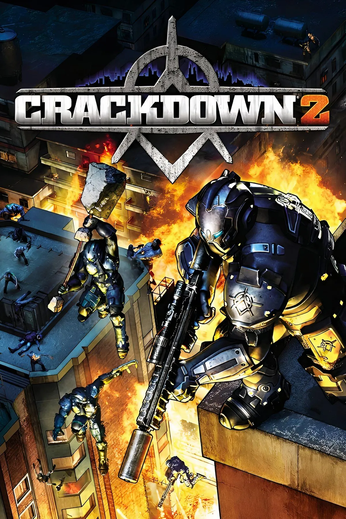 Hình ảnh logo và nhân vật chính trong game Crackdown 2 trên nền xanh