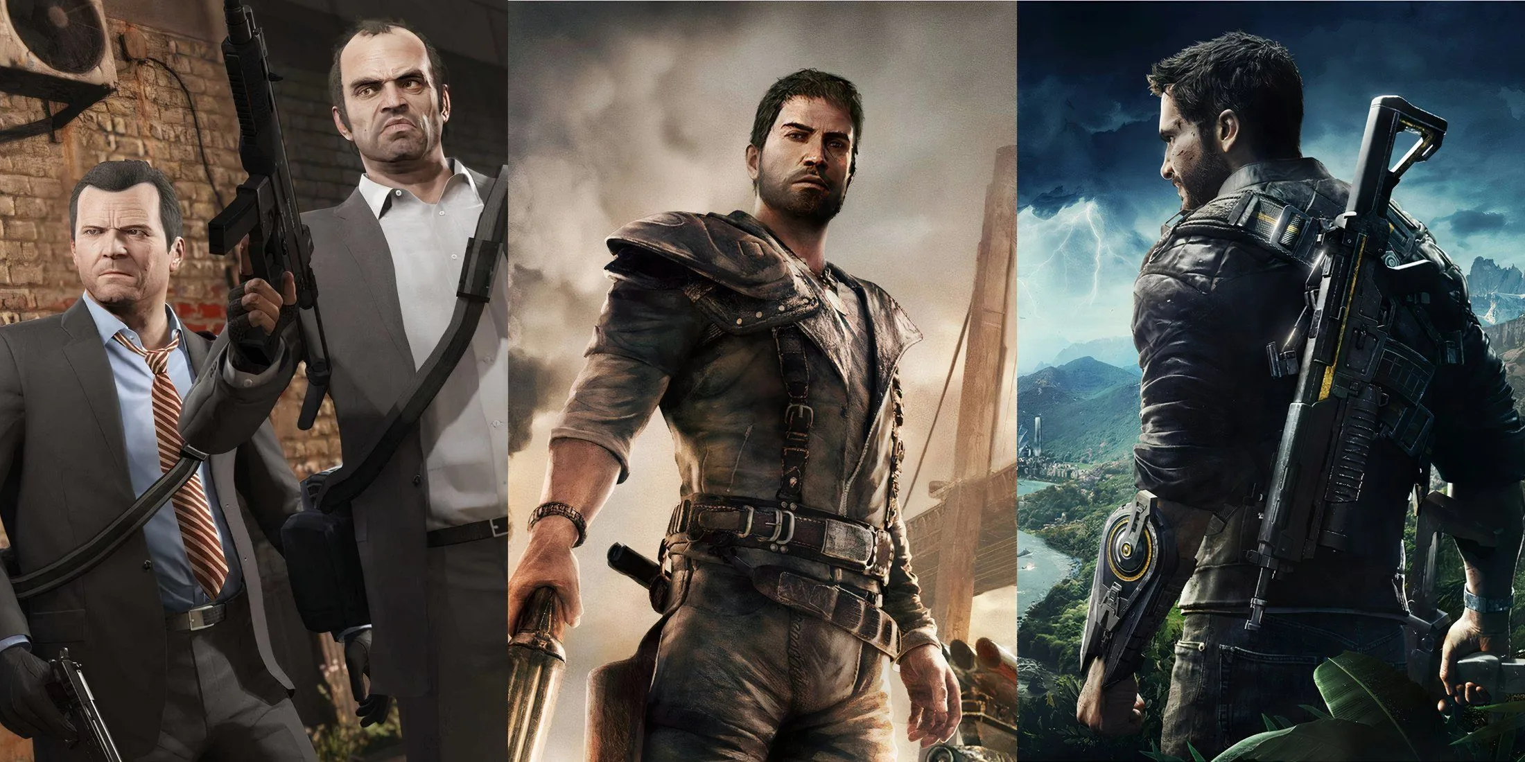 Hình ảnh so sánh các tựa game thế giới mở nổi bật, bao gồm GTA 5, Mad Max và Just Cause 4