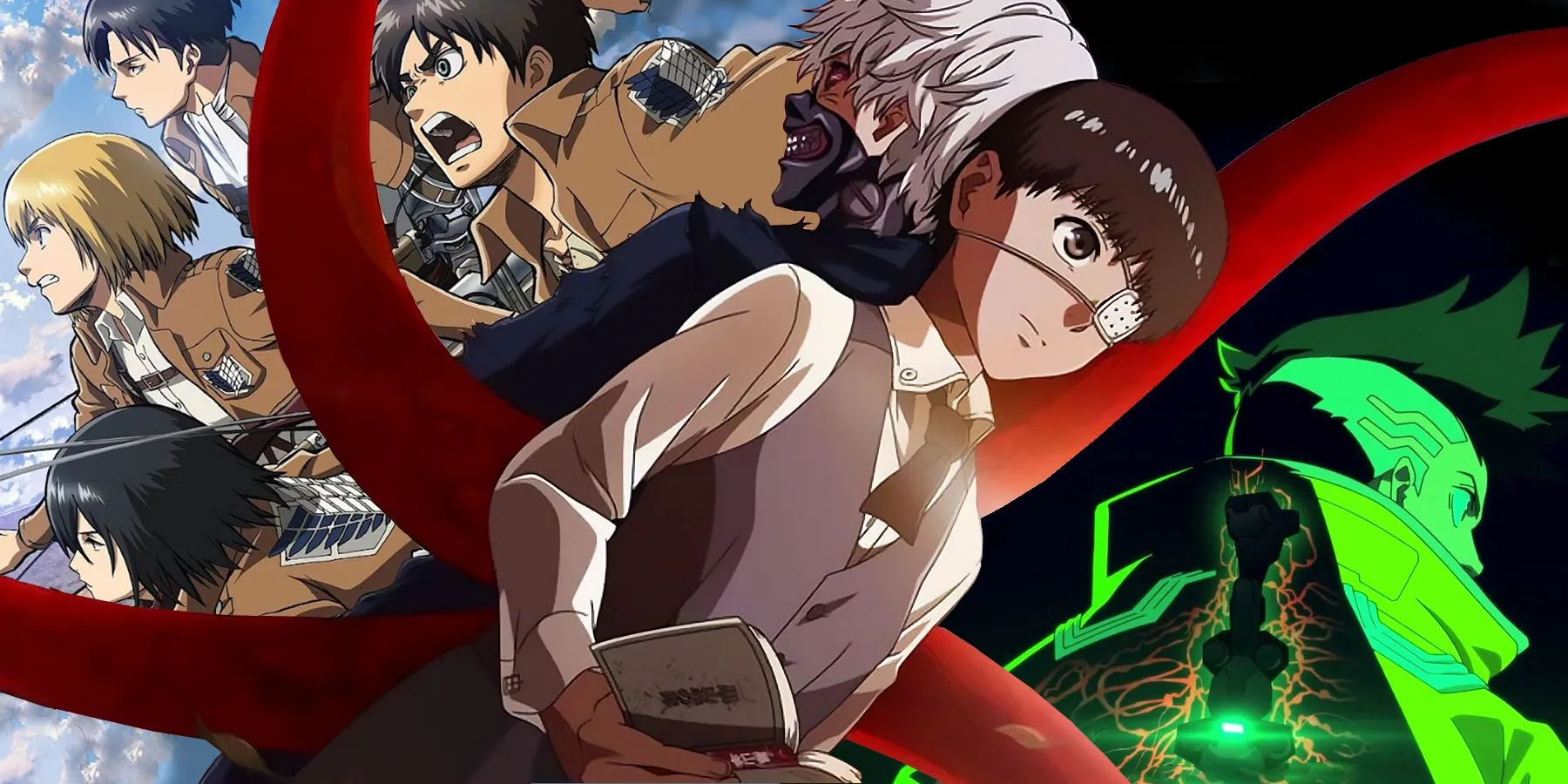 Hình ảnh tổng hợp các anime hành động như Cyberpunk Edgerunners, Tokyo Ghoul và Attack on Titan, thể hiện sự kịch tính của thể loại anime non-stop action.