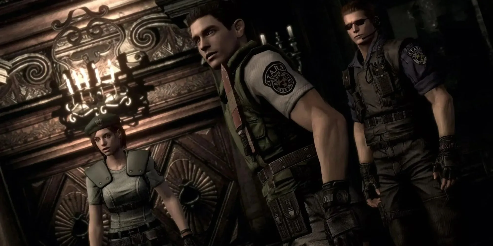 Jill, Chris và Albert tiến vào dinh thự ma ám trong Resident Evil bản gốc