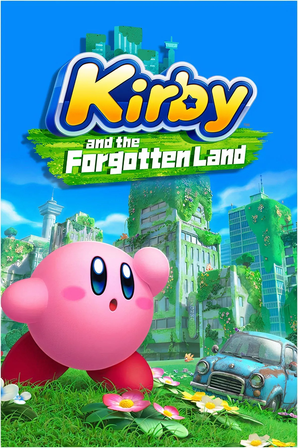 Kirby đang bay lượn trong Kirby and the Forgotten Land trên nền thế giới 3D bị lãng quên