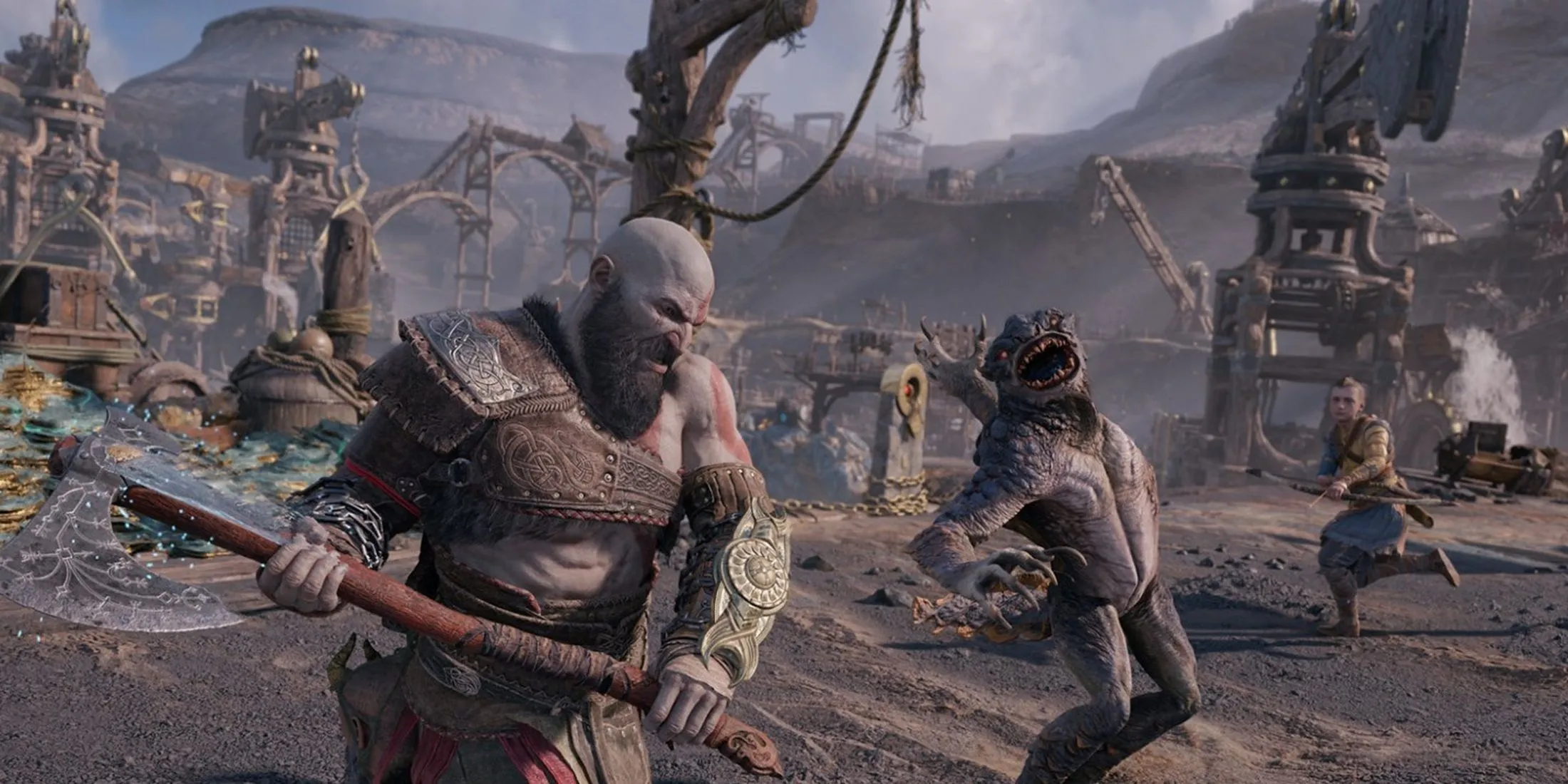 Kratos và Atreus chiến đấu chống lại quái vật, minh họa gameplay hành động trong God of War Ragnarok