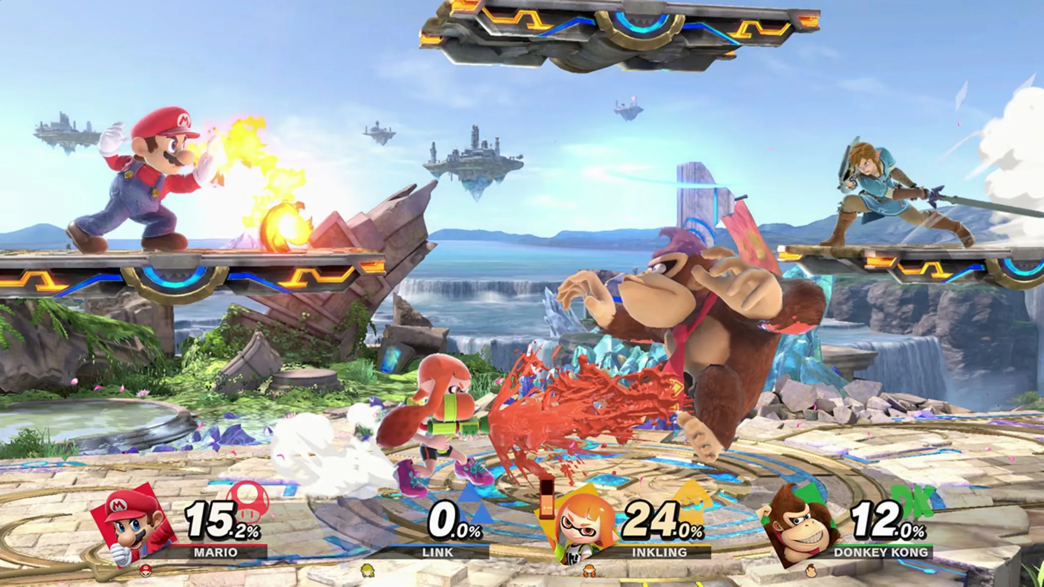 Link từ The Legend of Zelda đối đầu với Samus Aran từ Metroid trong Super Smash Bros. Ultimate