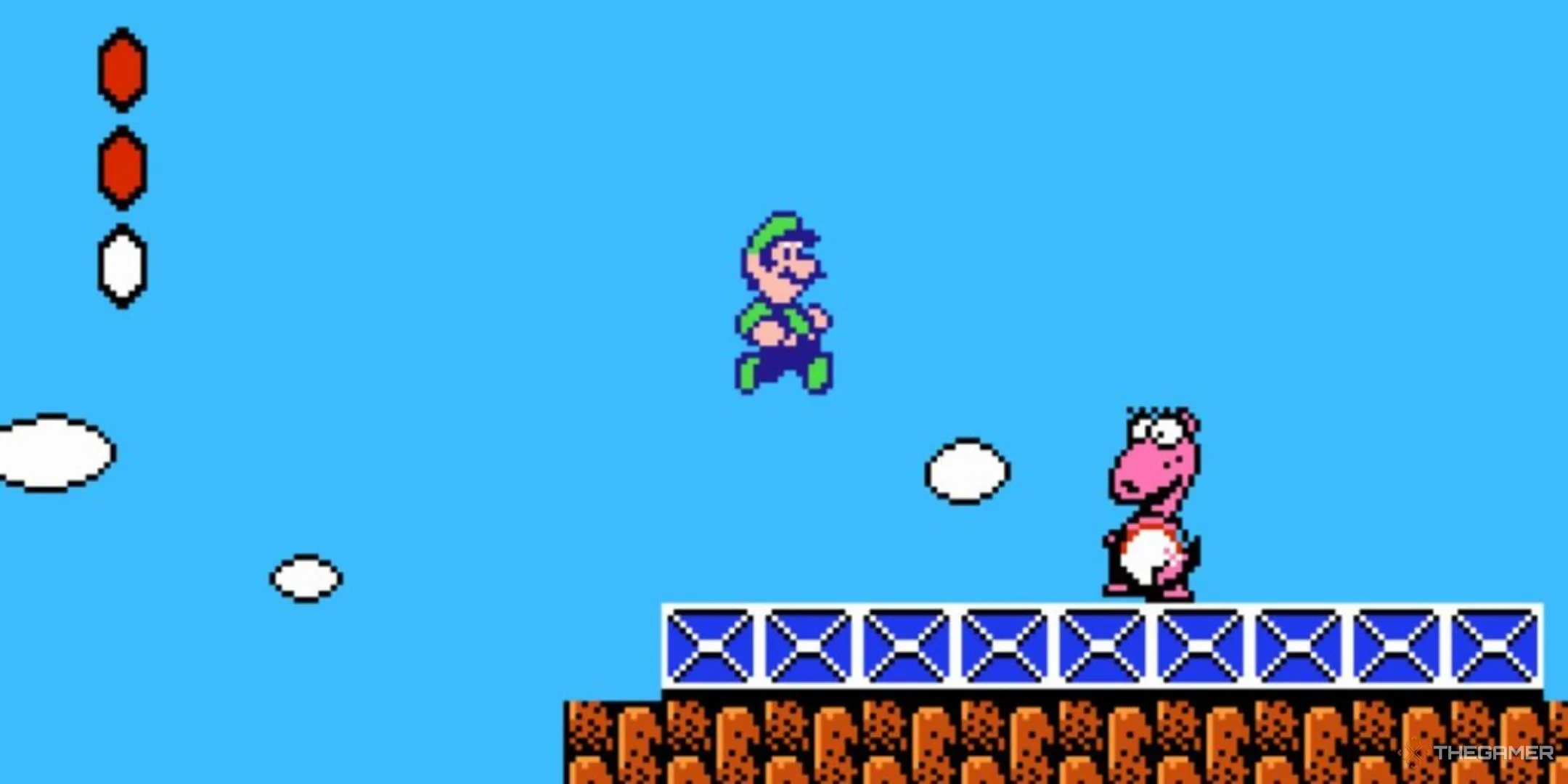 Luigi nhảy qua Birdette trong một màn chơi của Super Mario Bros 2