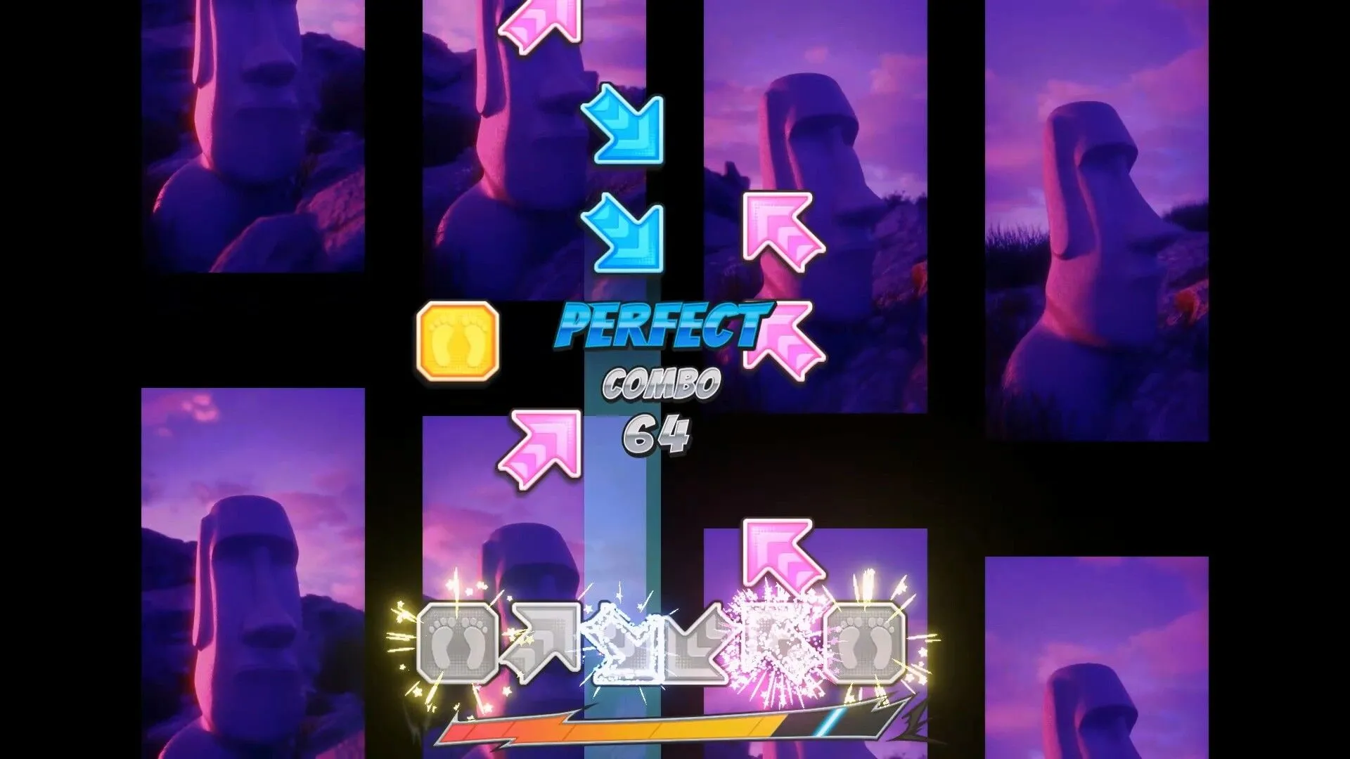 Màn hình gameplay của Pump It Up Rise, hiển thị bản đồ nốt nhạc và giao diện điều khiển mới trên nền tảng PC.