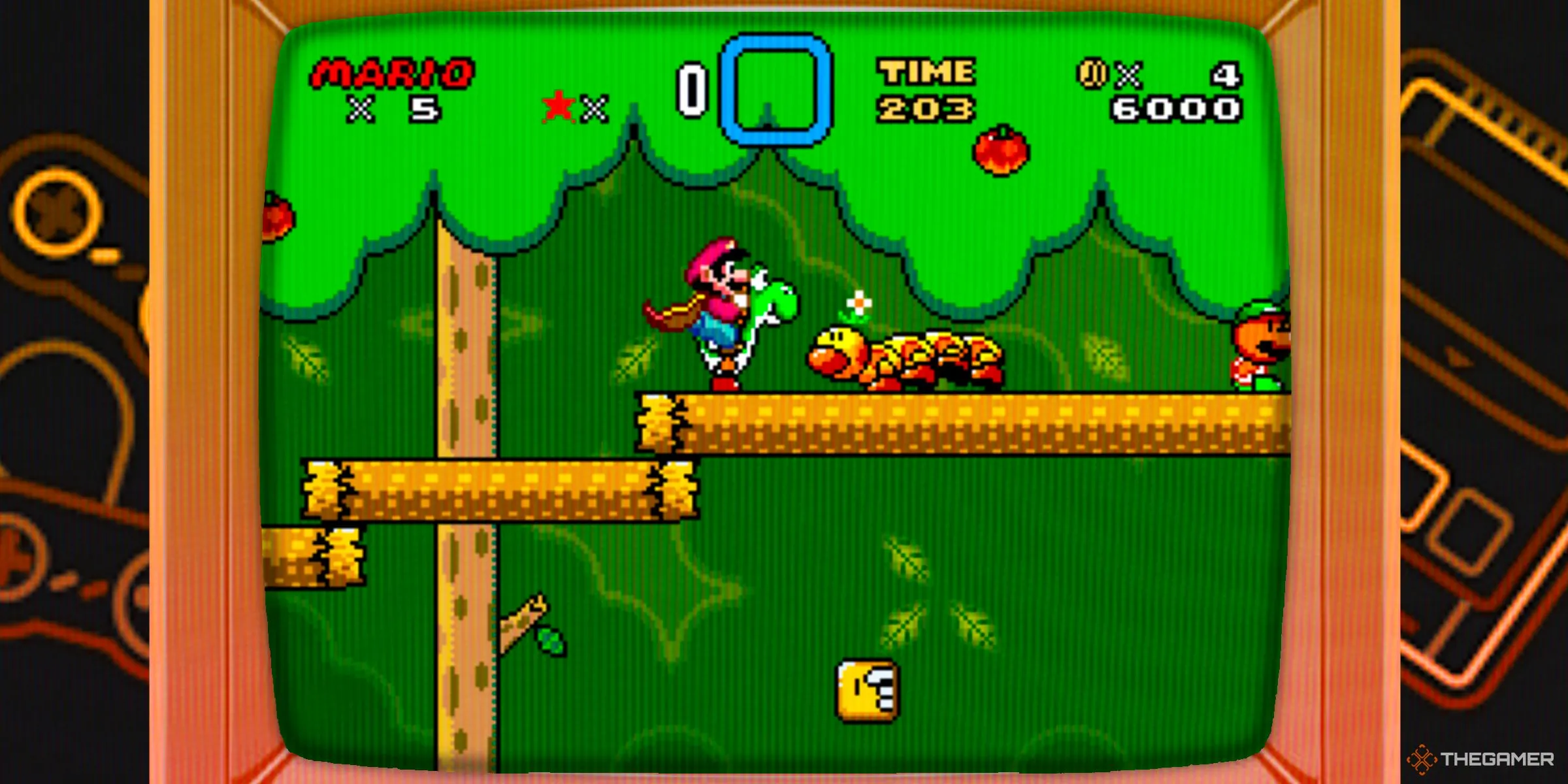 Mario cưỡi Yoshi với áo choàng lông vũ trong màn chơi rừng rậm của Super Mario World trên TV CRT
