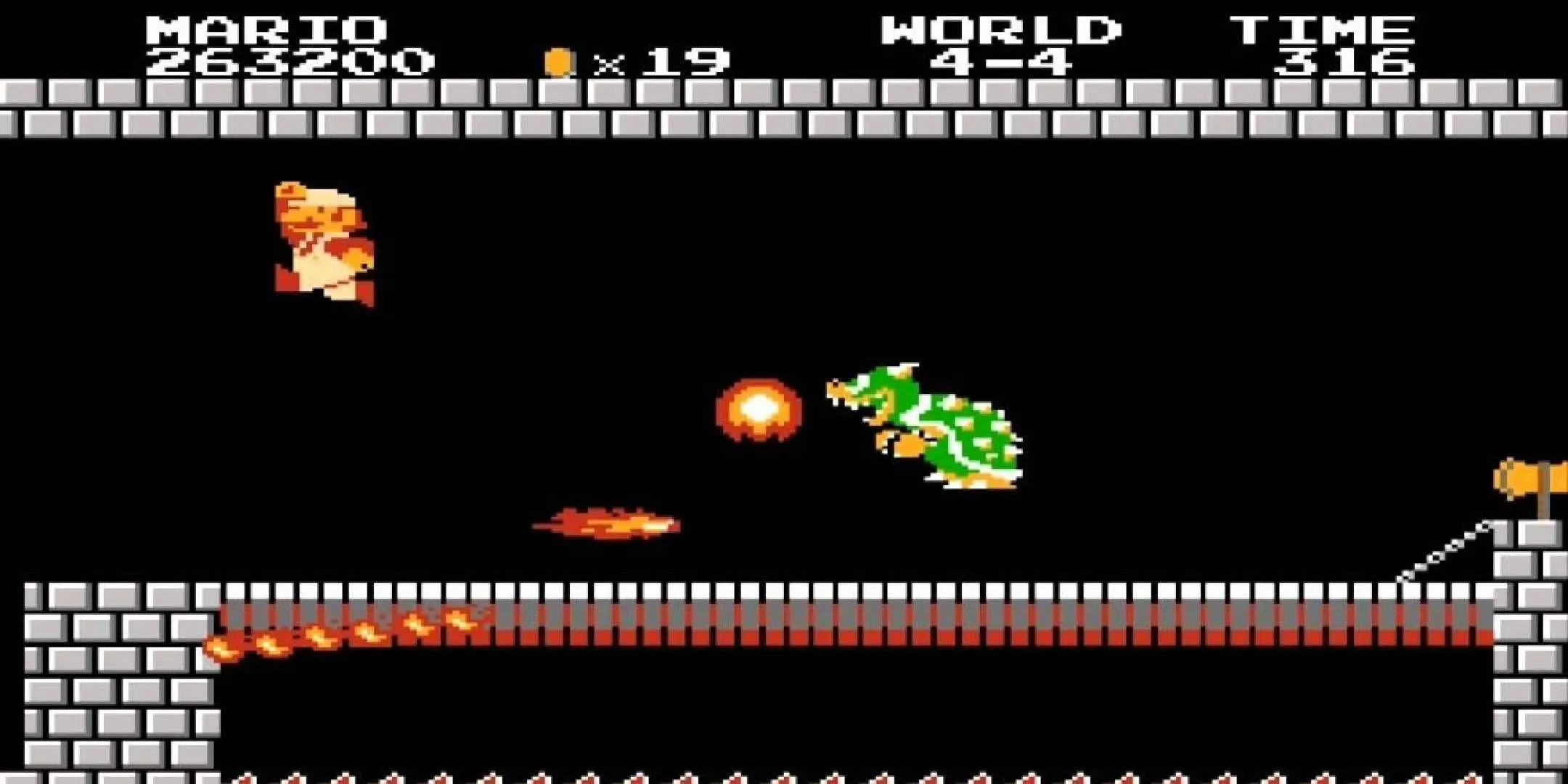 Mario đối đầu với Bowser trong lâu đài cuối cùng của Super Mario Bros trên NES