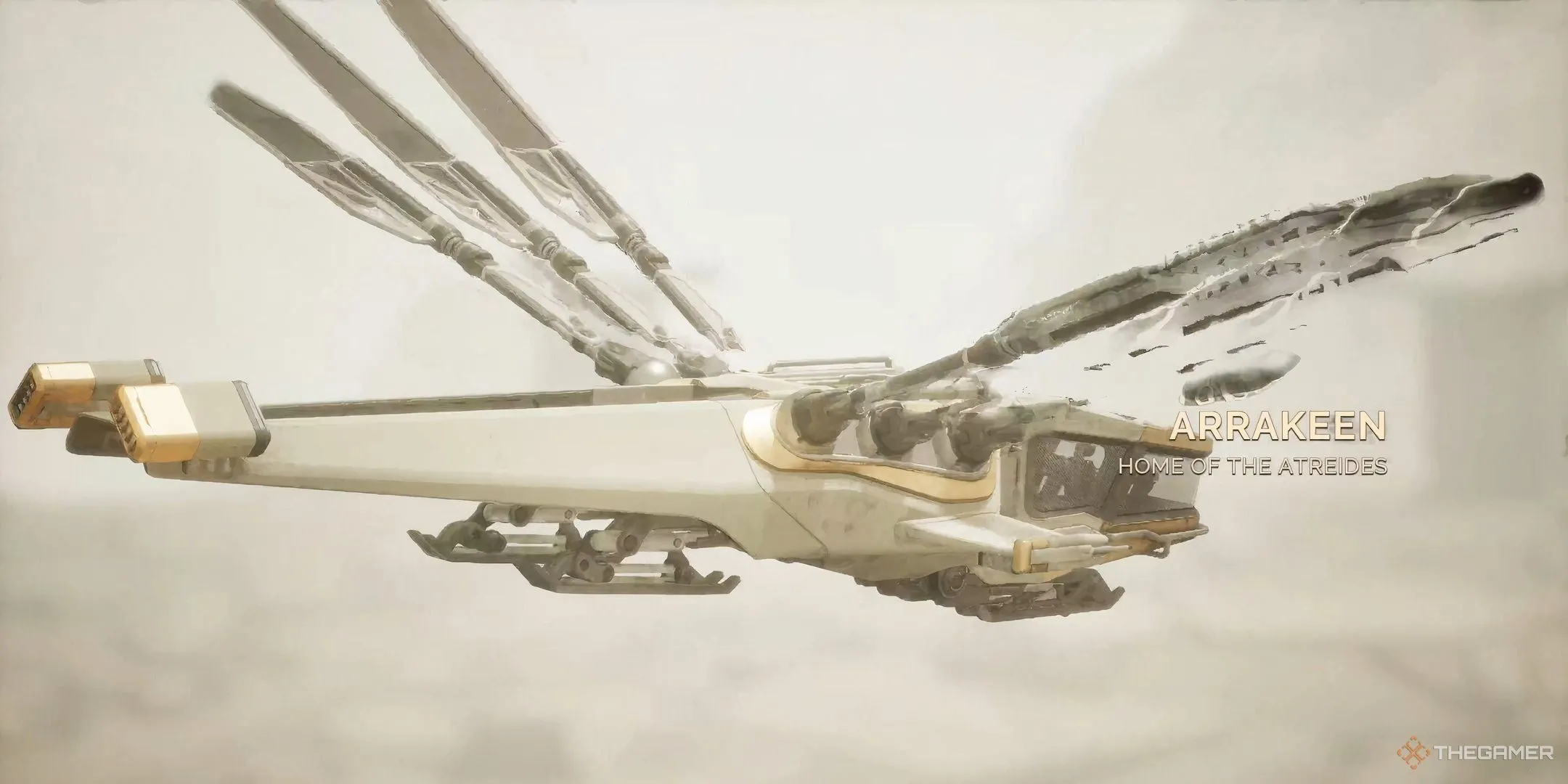 Một chiếc Ornithopter bay vào khu vực Arrakeen rộng lớn trong thế giới Dune: Awakening.