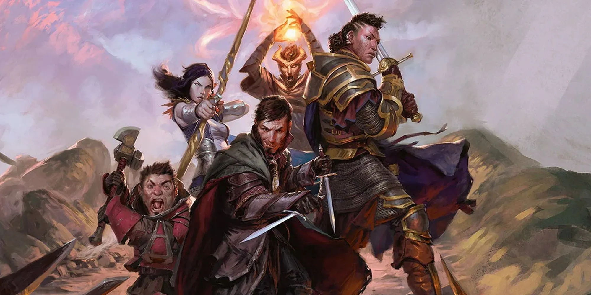 Một nhóm nhà thám hiểm sẵn sàng chiến đấu trên vách đá trong Dungeons &amp; Dragons.