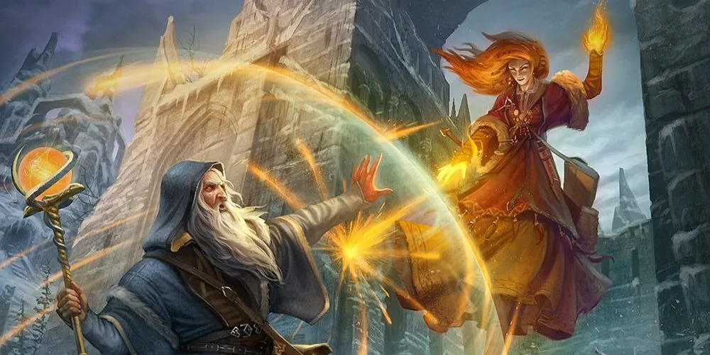 Một pháp sư D&amp;D sử dụng phép thuật Cấm Chế (Abjuration) để tạo lá chắn phòng thủ, bảo vệ đồng đội.