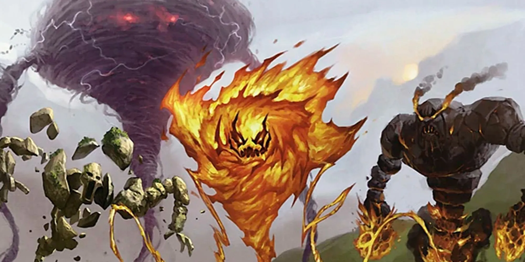Năm nguyên tố trong Dungeons &amp; Dragons xếp hàng: lửa, bão, không khí, khói và đá, biểu tượng cho phép thuật nguyên tố.