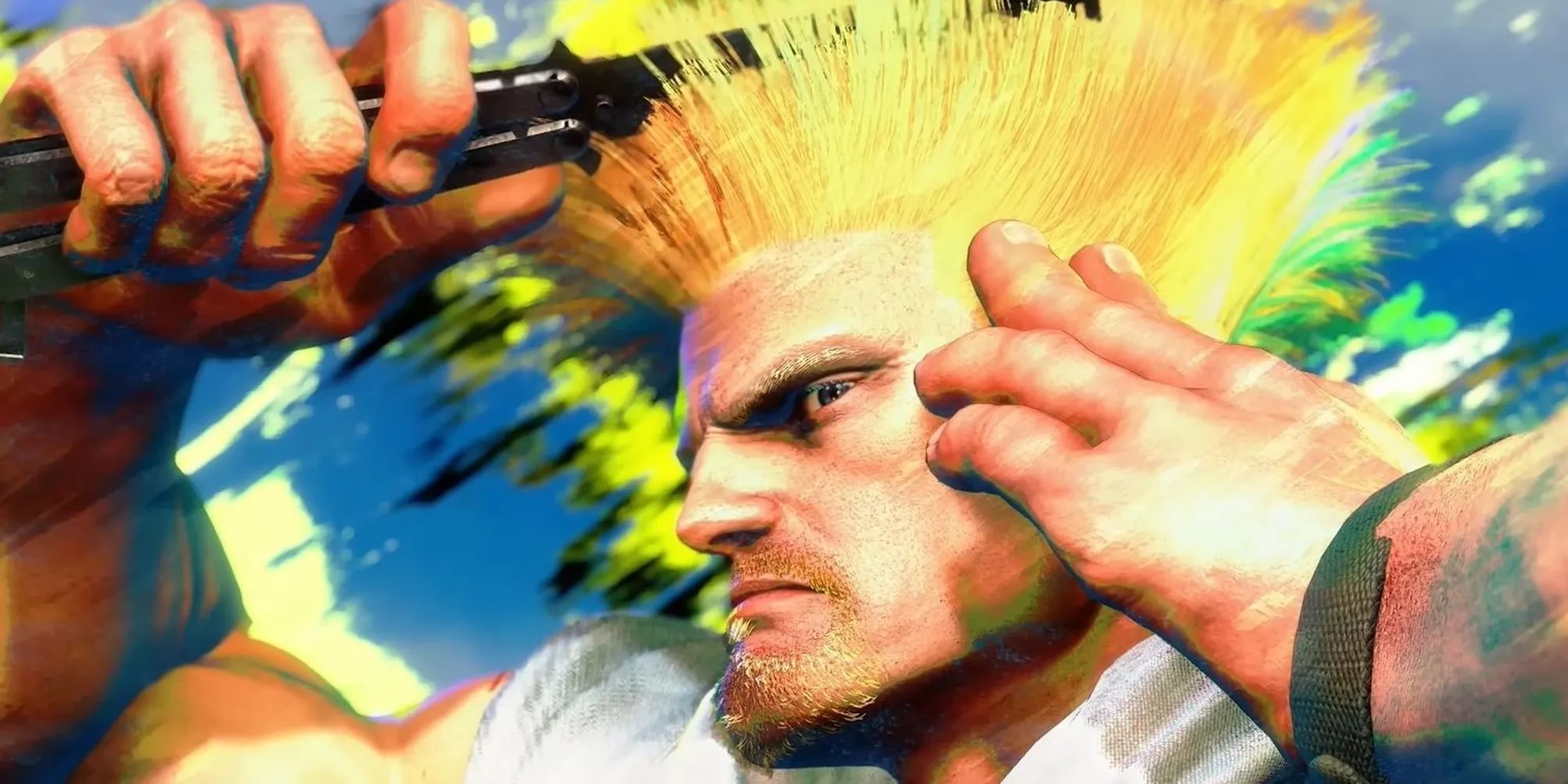 Nhân vật Guile đang chải tóc trong một cảnh của Street Fighter 6