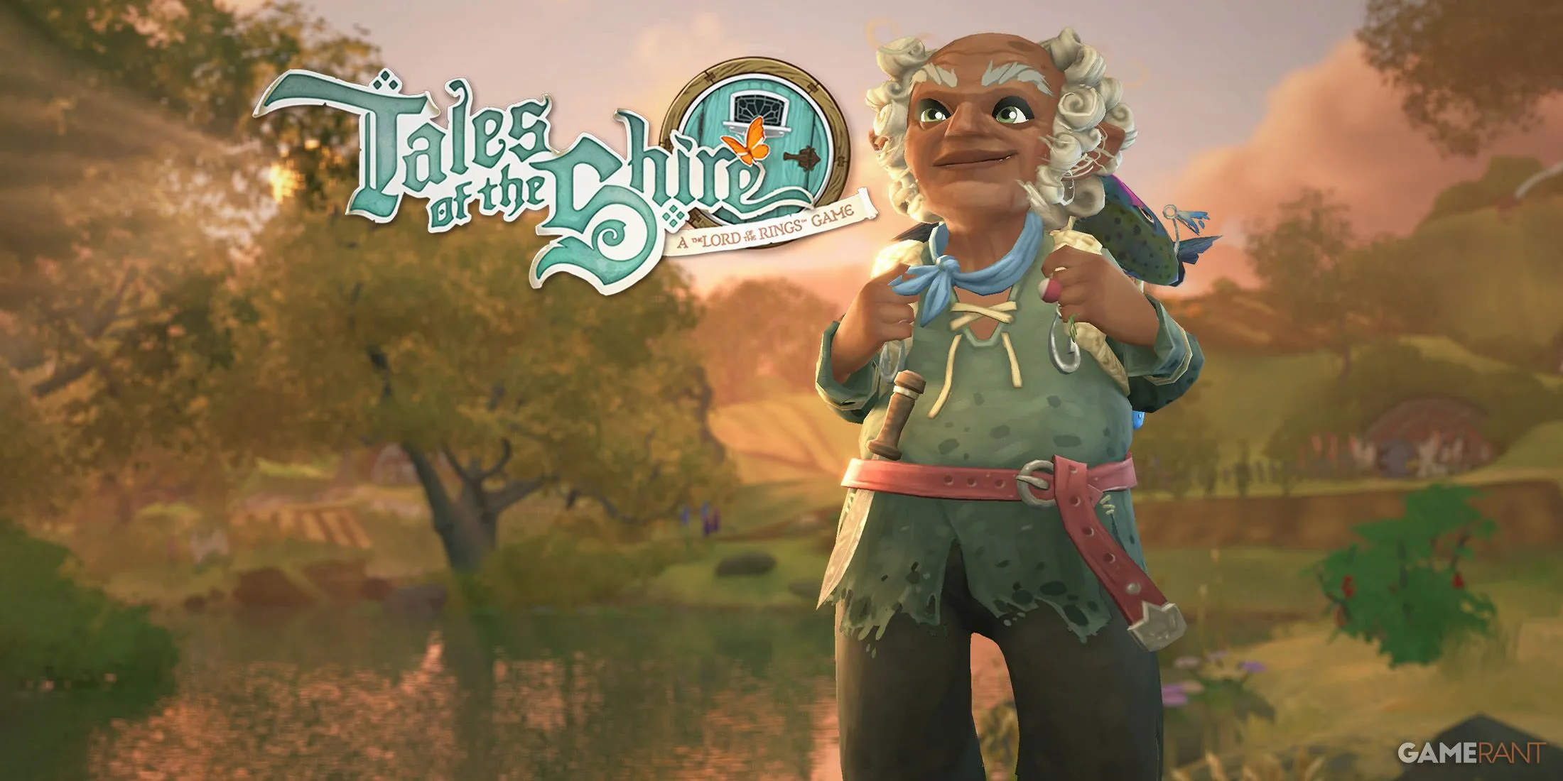 Nhân vật Old Noakes trong game Tales of the Shire: A The Lord of the Rings, mô tả khung cảnh làng Bywater yên bình và hoạt động câu cá đặc trưng của game mô phỏng cuộc sống Hobbit.