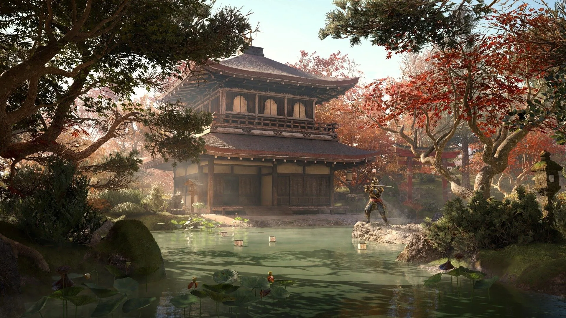 Nhân vật Yasuke trong Assassin's Creed Shadows đứng uy nghiêm, với áo giáp và kiếm Nhật, thể hiện bối cảnh phong kiến Nhật Bản.