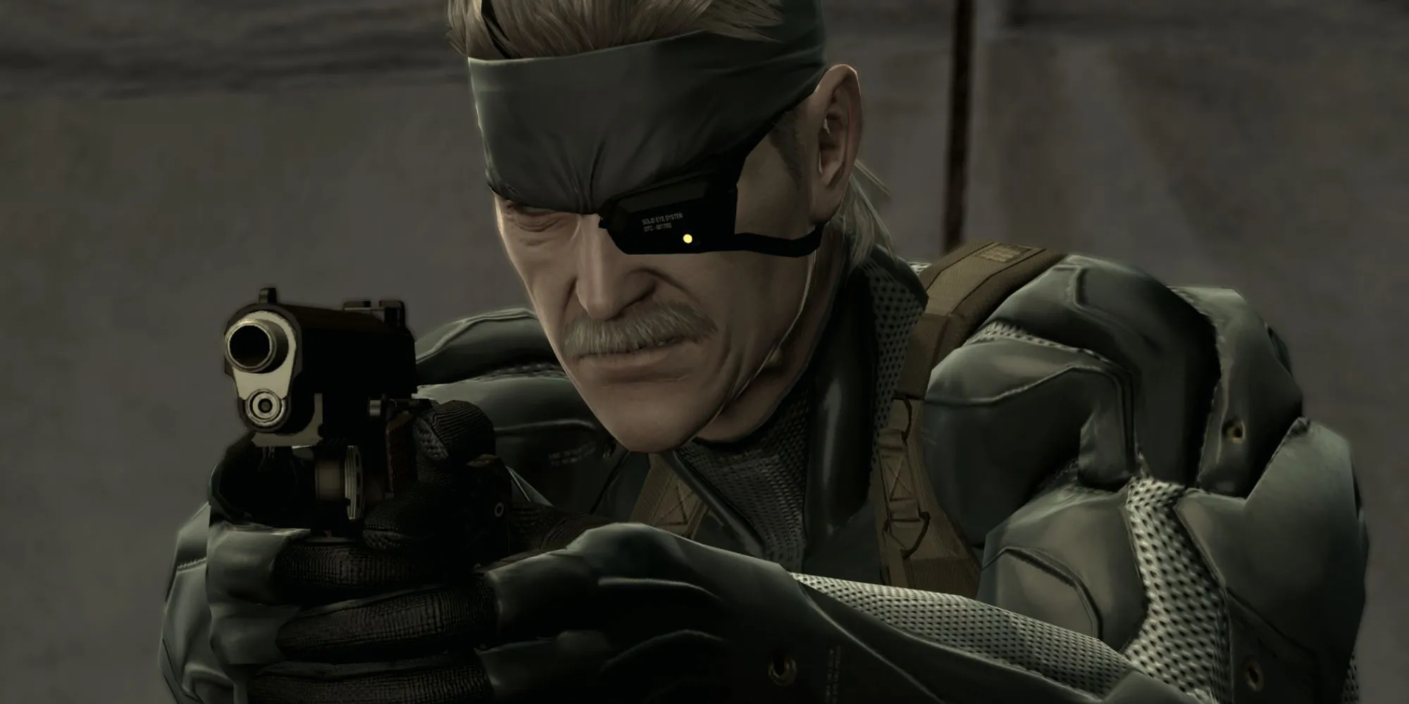 Old Snake với khẩu súng, thể hiện những mật danh ấn tượng trong Metal Gear Solid 4: Guns of the Patriots.