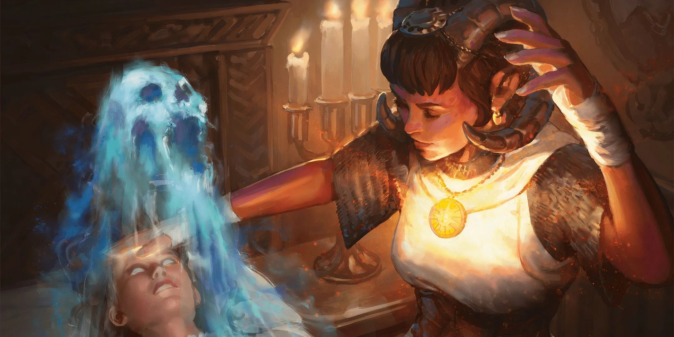 Pháp sư gọi hồn từ bộ xương ma thuật, minh họa phép thuật Tử Linh (Necromancy) trong Dungeons &amp; Dragons.
