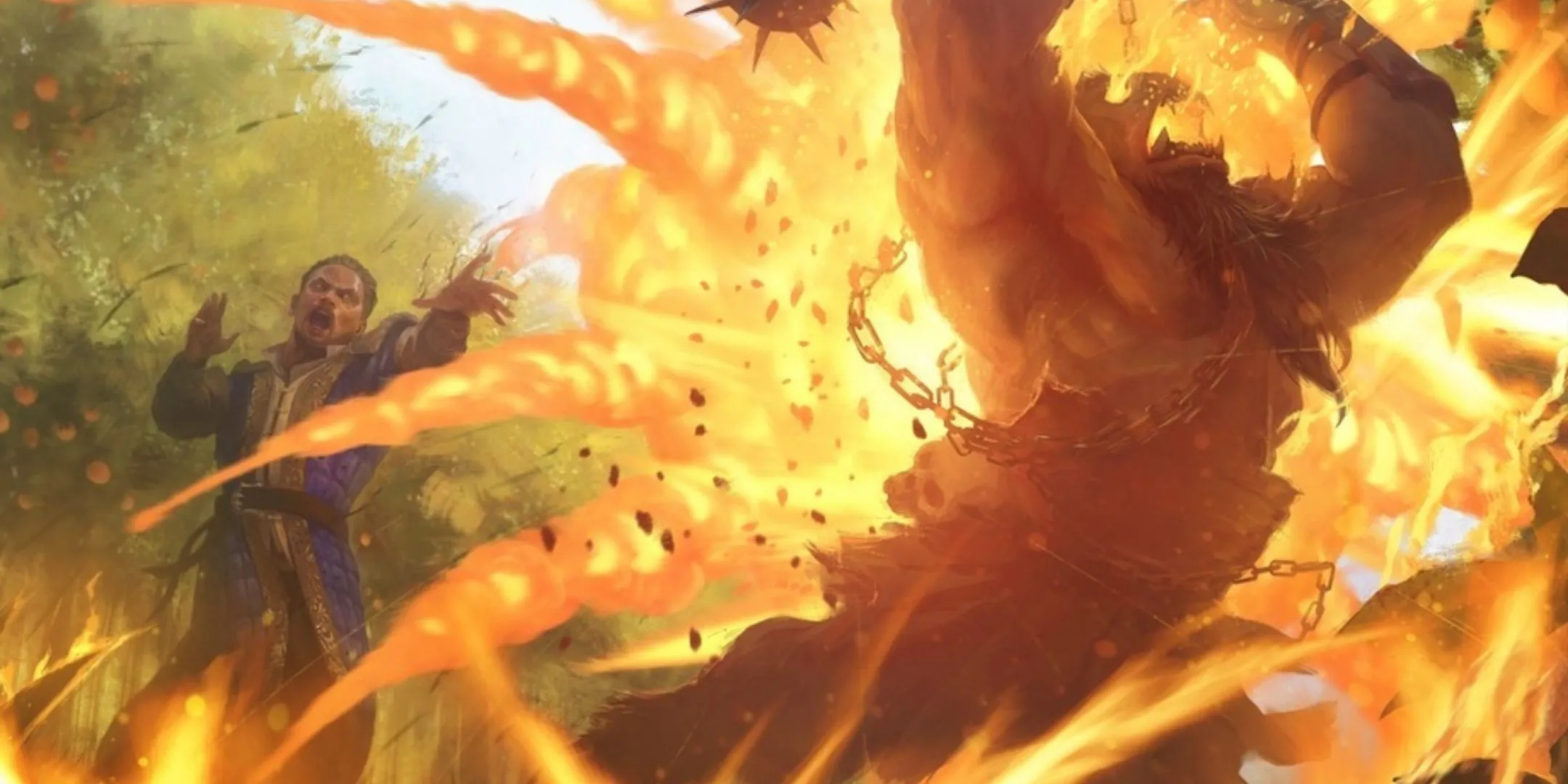 Pháp sư thi triển phép thuật Cầu Lửa Evocation mạnh mẽ, tấn công quái vật Bugbear trong D&amp;D.