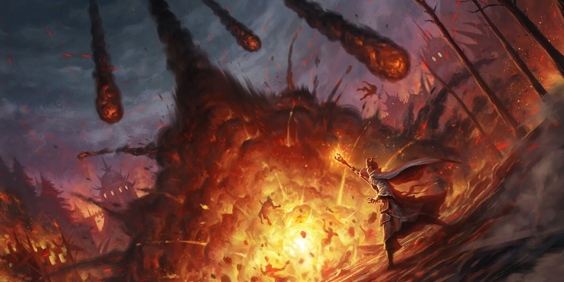 Pháp sư Tiefling triệu hồi Mưa Sao Băng (Meteor Swarm) tiêu diệt kẻ thù trong Dungeons &amp; Dragons.