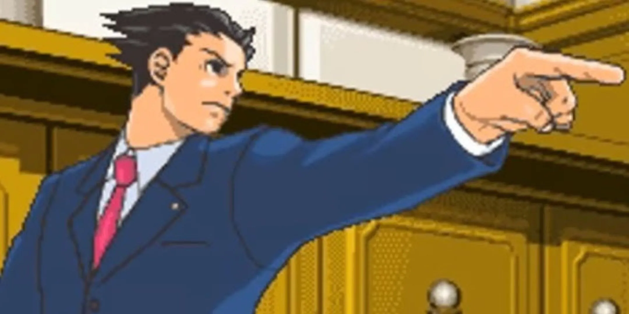 Phoenix Wright đang chỉ tay về phía phải trong phiên bản DS của Ace Attorney