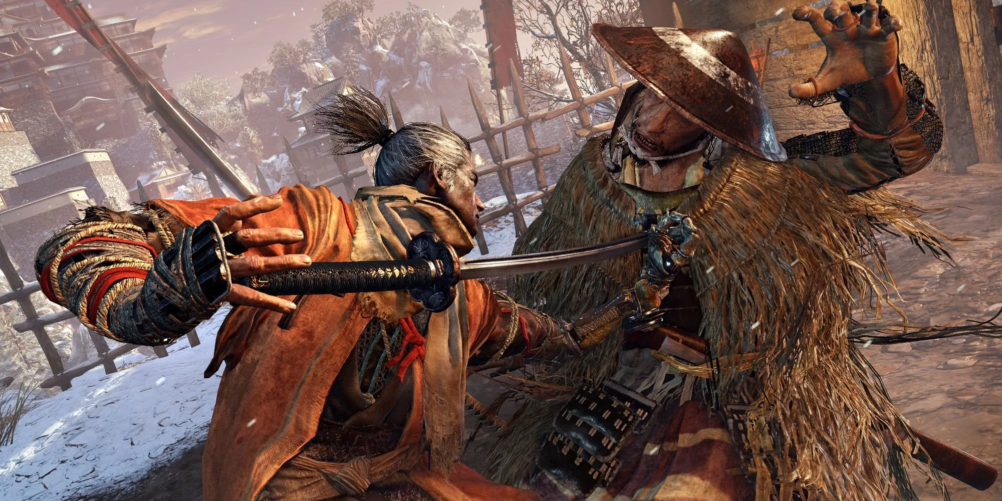 Sekiro thực hiện đòn kết liễu lén lút bằng katana, một cơ chế chiến đấu đặc trưng của game.