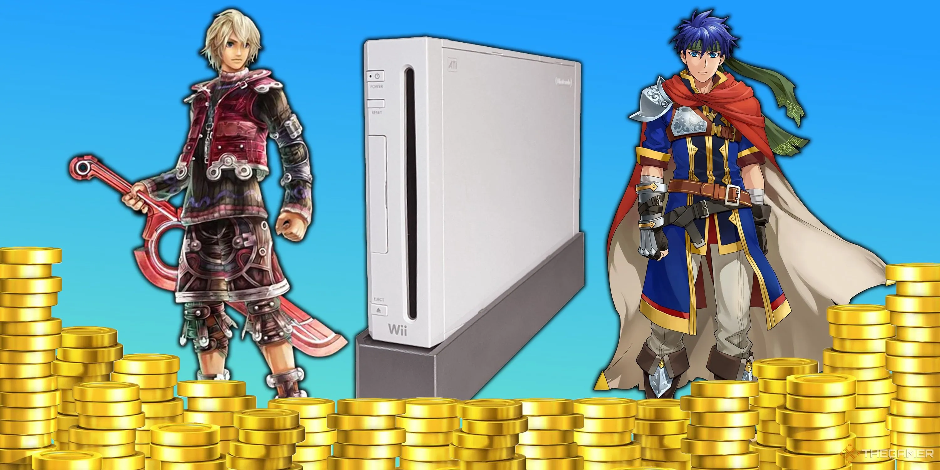Shulk và Ike từ game Nintendo, đứng hai bên console Wii cùng các đồng tiền vàng tượng trưng cho giá trị sưu tầm của game hiếm