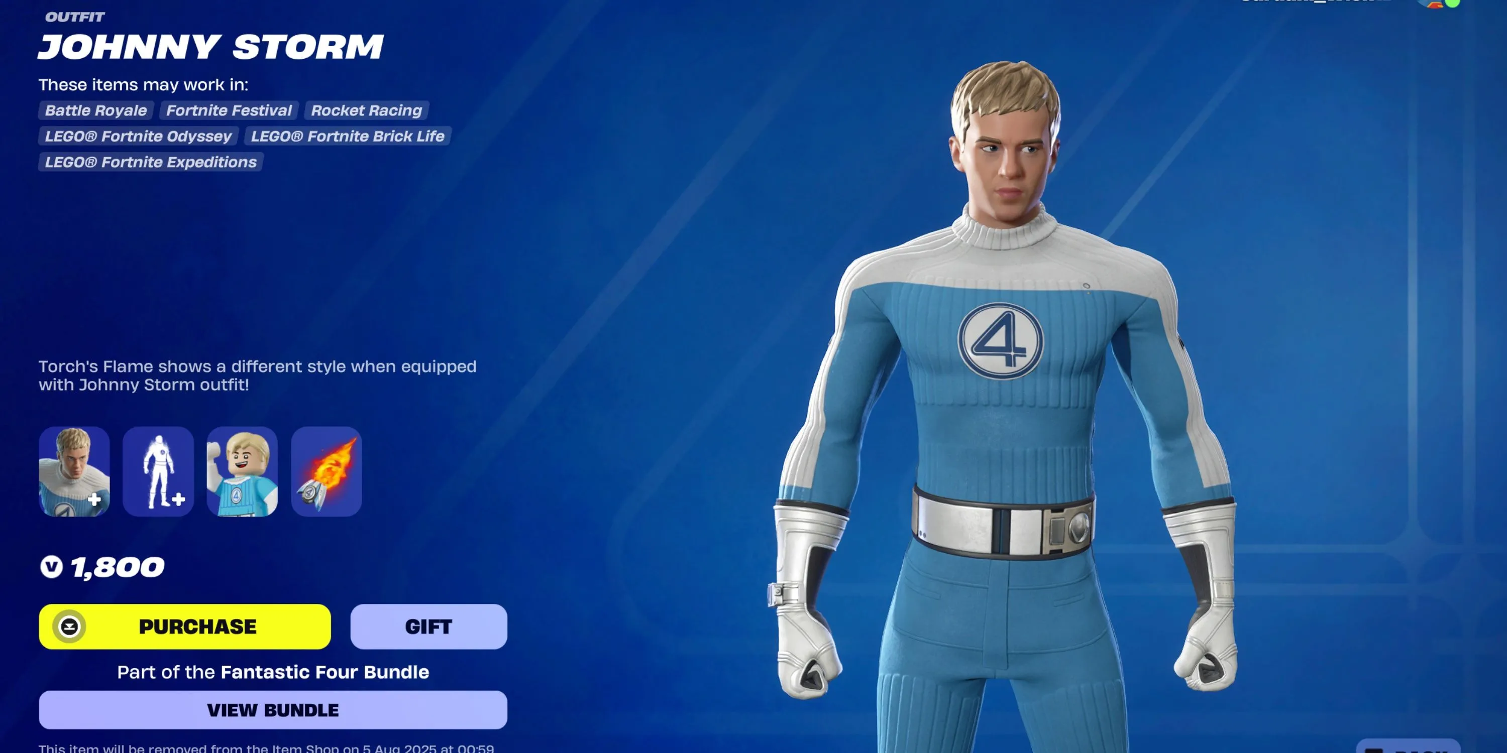 Skin Human Torch (Johnny Storm) trong Fortnite, hiển thị hiệu ứng bốc cháy rực rỡ.