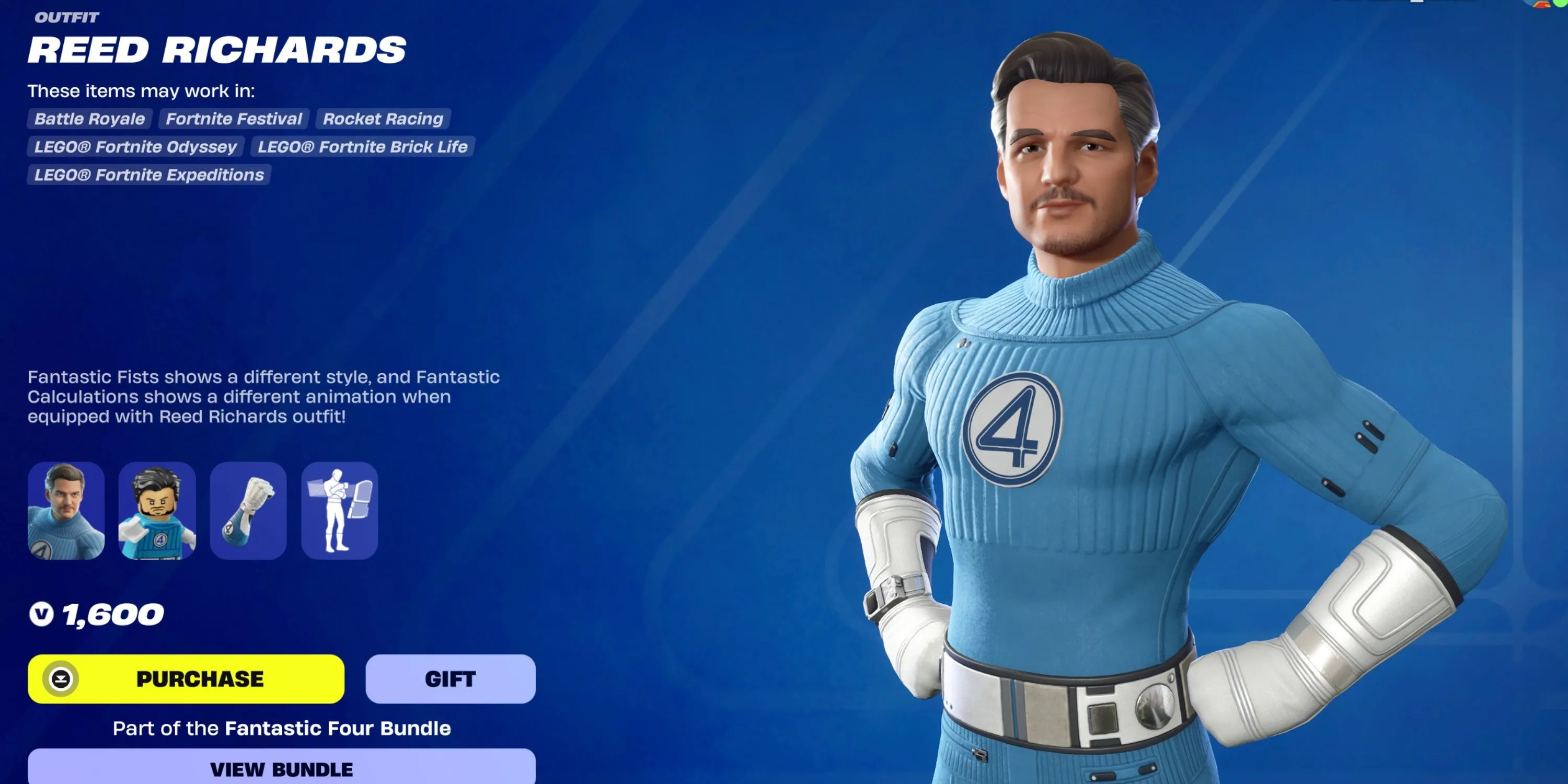 Skin Mister Fantastic (Reed Richards) trong Fortnite, thể hiện khả năng co giãn đặc trưng.