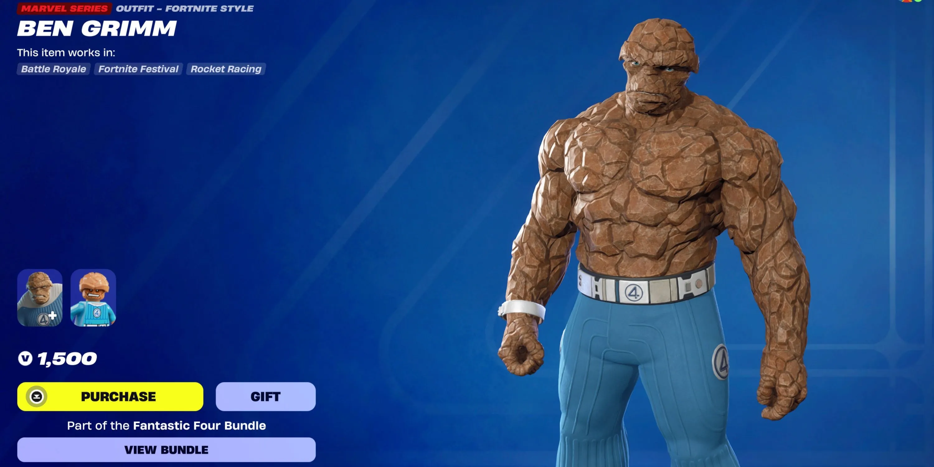 Skin The Thing (Ben Grimm) trong Fortnite với phong cách biểu tượng không áo và có áo.
