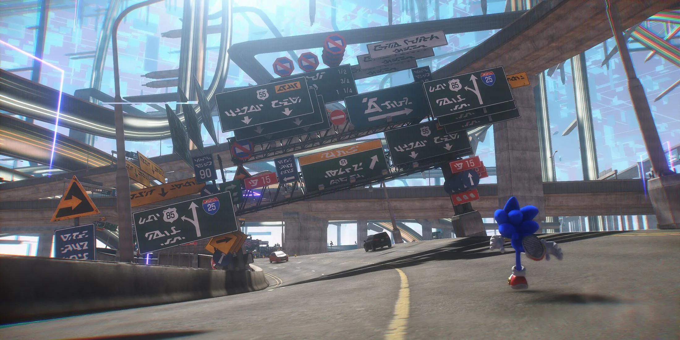 Sonic chạy nhanh trên một con đường trong thế giới mở của Sonic Frontiers, tối ưu đồ họa cho Nintendo Switch 2