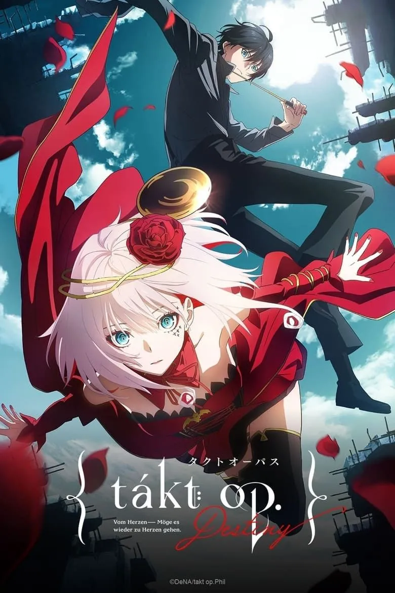 Takt Asahina và Destiny (Cosette) trong poster Takt Op. Destiny, thể hiện sự kết hợp giữa âm nhạc và chiến đấu trong thế giới hậu tận thế.