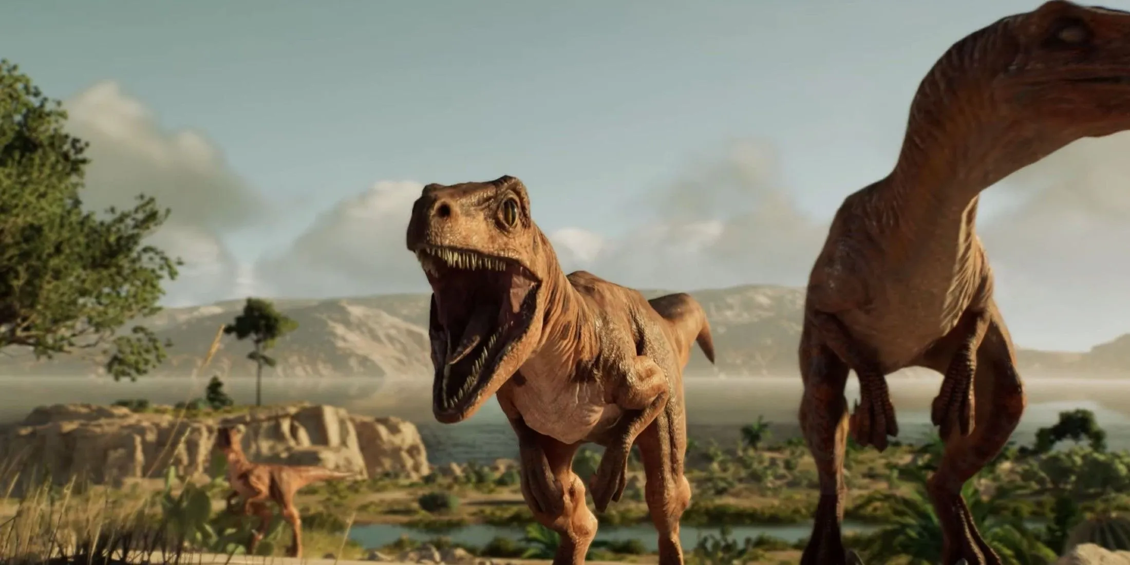 Tập hợp Velociraptor trong Jurassic World Evolution 3, minh họa hành vi xã hội và tương tác bầy đàn của khủng long.