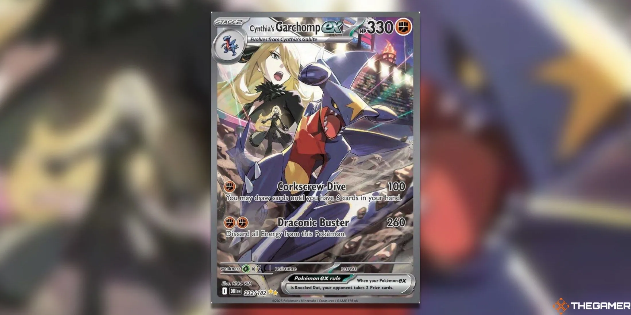 Thẻ bài Garchomp ex của Cynthia Special Illustration Rare trong Pokemon TCG Destined Rivals, Cynthia và Garchomp thể hiện sức mạnh trong một cảnh chiến đấu đầy tốc độ